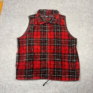 Vintage S.K. Pepper Red Black Plaid Fleece Vest Full Zip Drawstring USA Made XL